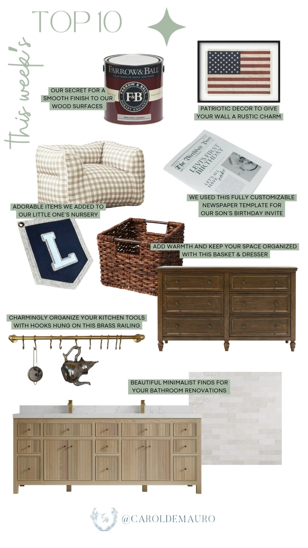 weekly top 10, follower favorites, bestsellers, home finds, nursery decor, home organizers, bathroom renovation, kitchen finds, wall accent, brass railing with hooks, customizable newspaper invitation, woven basket, dresser, bathroom vanity, ceramic tiles, patriotic decor, wood primer

#LTKHome