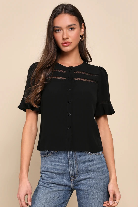 Remarkably Charismatic Black Lace Short Sleeve Button-Up Top | Lulus