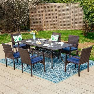 Black 7-Piece Metal Patio Outdoor Dining Set with Cast Aluminum Extendable Table and Rattan Chair with Blue Cushion | The Home Depot