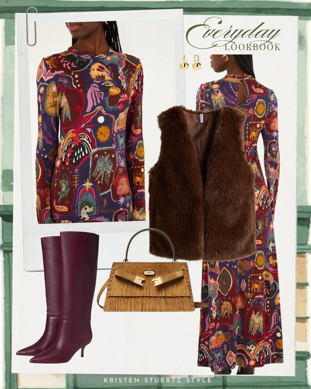 A cozy winter outfit. A maxi Farm Rio dress paired with an H&M faux fur vest, a suede handbag, and leather knee high boots

#date night outfits #ltkshoecrush #winter outfits 

@h&m 

#LTKTall #LTKOver40 #LTKootd
