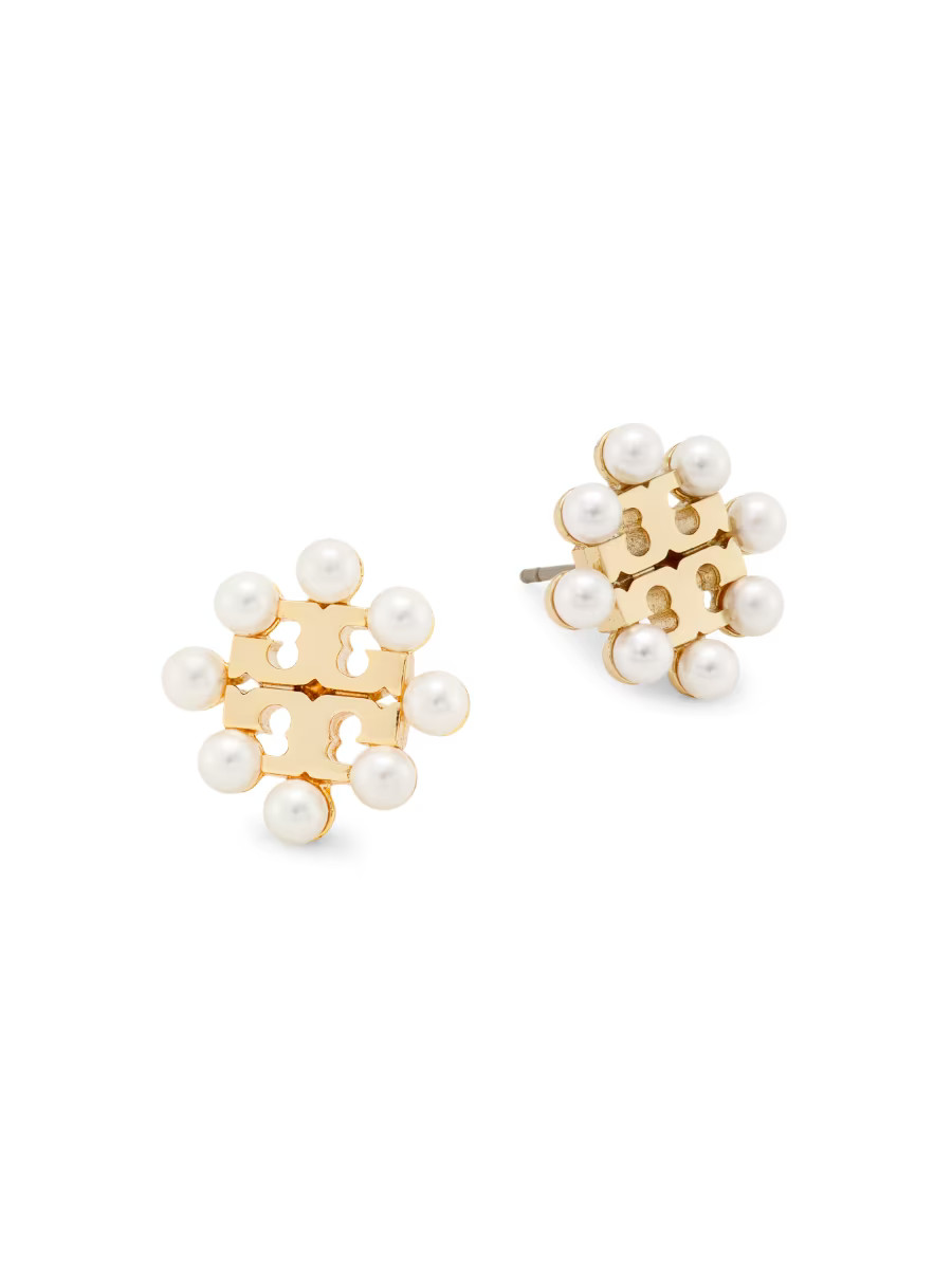 Kira 18K-Gold-Plated & Cultured Pearl Logo Stud Earrings | Saks Fifth Avenue