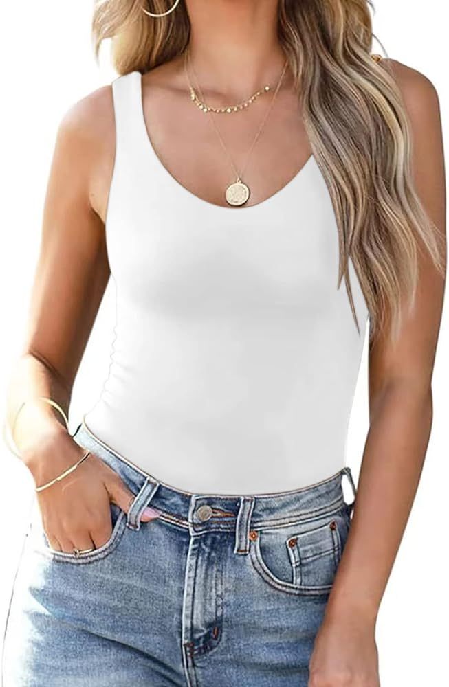 Womens Tank Top Scoop Neck Double Layer Slim Fit Sleeveless Basic Tops | Amazon (US)