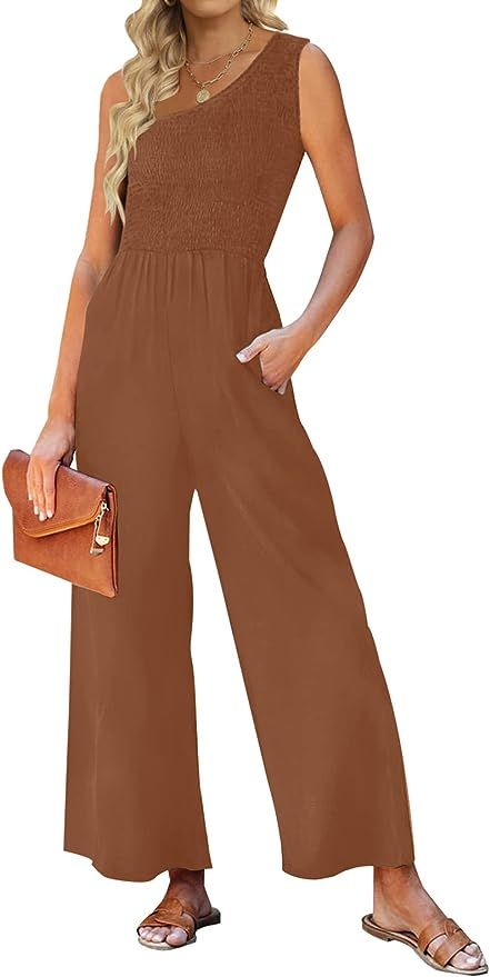 ZESICA Women's 2023 Summer Casual One Shoulder Sleeveless Smocked High Waist Loose Wide Leg Jumps... | Amazon (US)