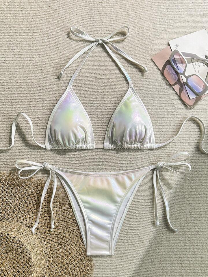 Swim Vcay Solid Color Halter Knotted Bandeau Bikini Set | SHEIN