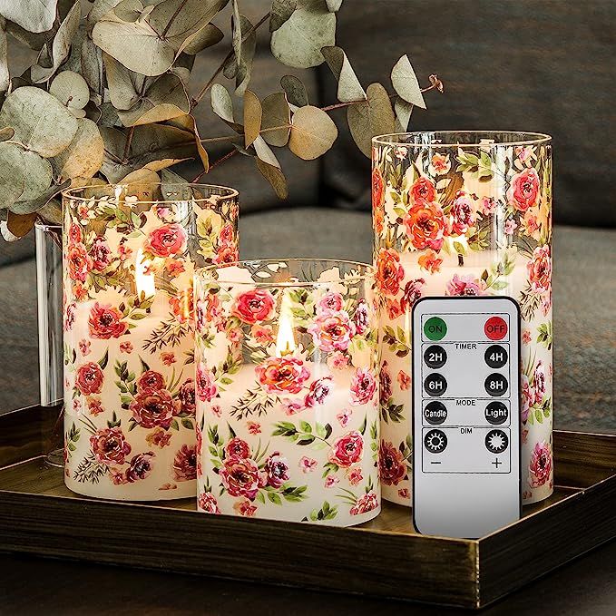Eywamage Red Floral Glass Flameless Candles with Remote, Flickering LED Pillar Candles Battery Op... | Amazon (US)