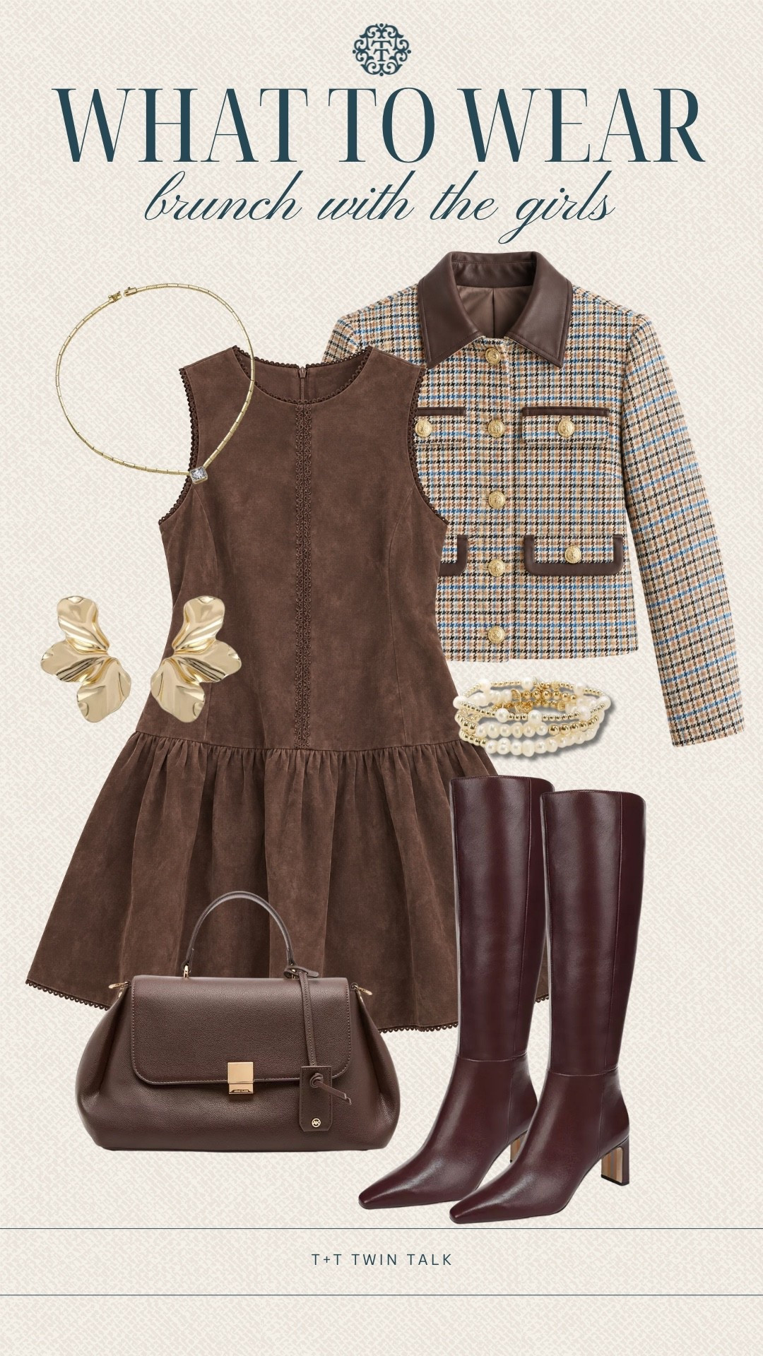 Brunch with the girls calls for a cute fall outfit! 🍂 This brown suede-inspired dress paired with a classic tweed jacket and rich burgundy boots is the prettiest combination for the season. Add a structured handbag, pearls, and statement gold jewelry for an elevated look that feels feminine, polished, and perfect for weekend plans!
#LTKSeasonal #LTKOver40 #LTKMidsize
