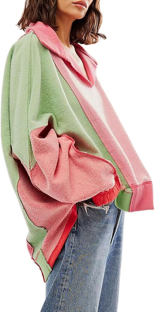 Yuemengxuan Shaker Fleece Sweatshirt for Women Long Sleeve Colorblock Oversized Sweatshirts Y2k V... | Amazon (US)
