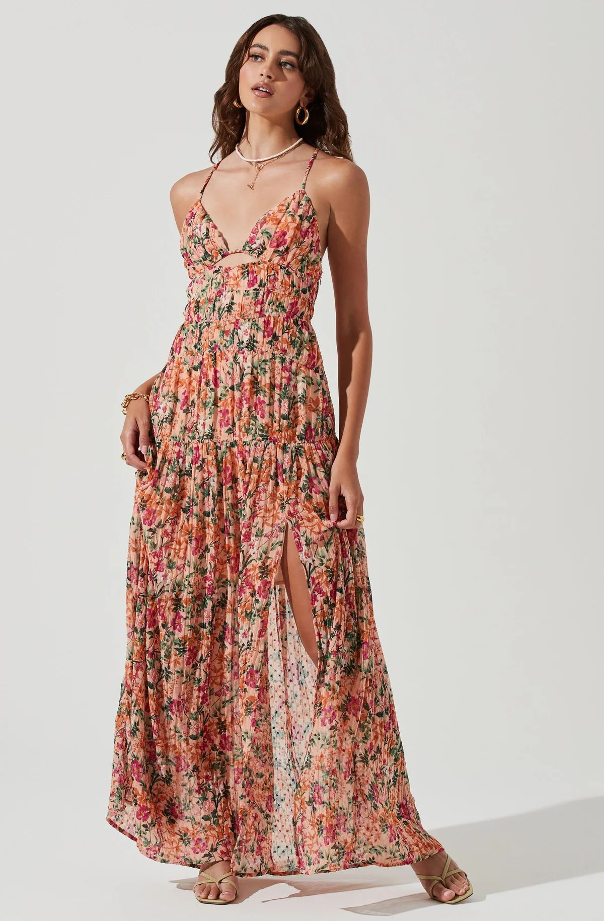Tropics Plunge Neck Pleated Open Back Maxi Dress | ASTR The Label (US)