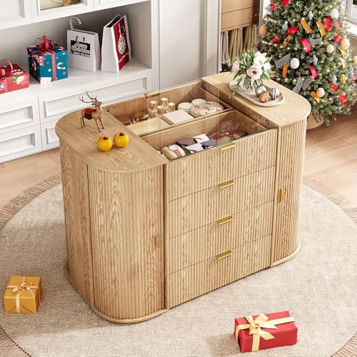 UKAOCAI Tambour Closet Island with 8 Drawers & 8 Large Storage Space,Bedroom Armoire Island with Glass Top,Freestanding Wardrobe Closet Display Dresser,Natural | Amazon (US)