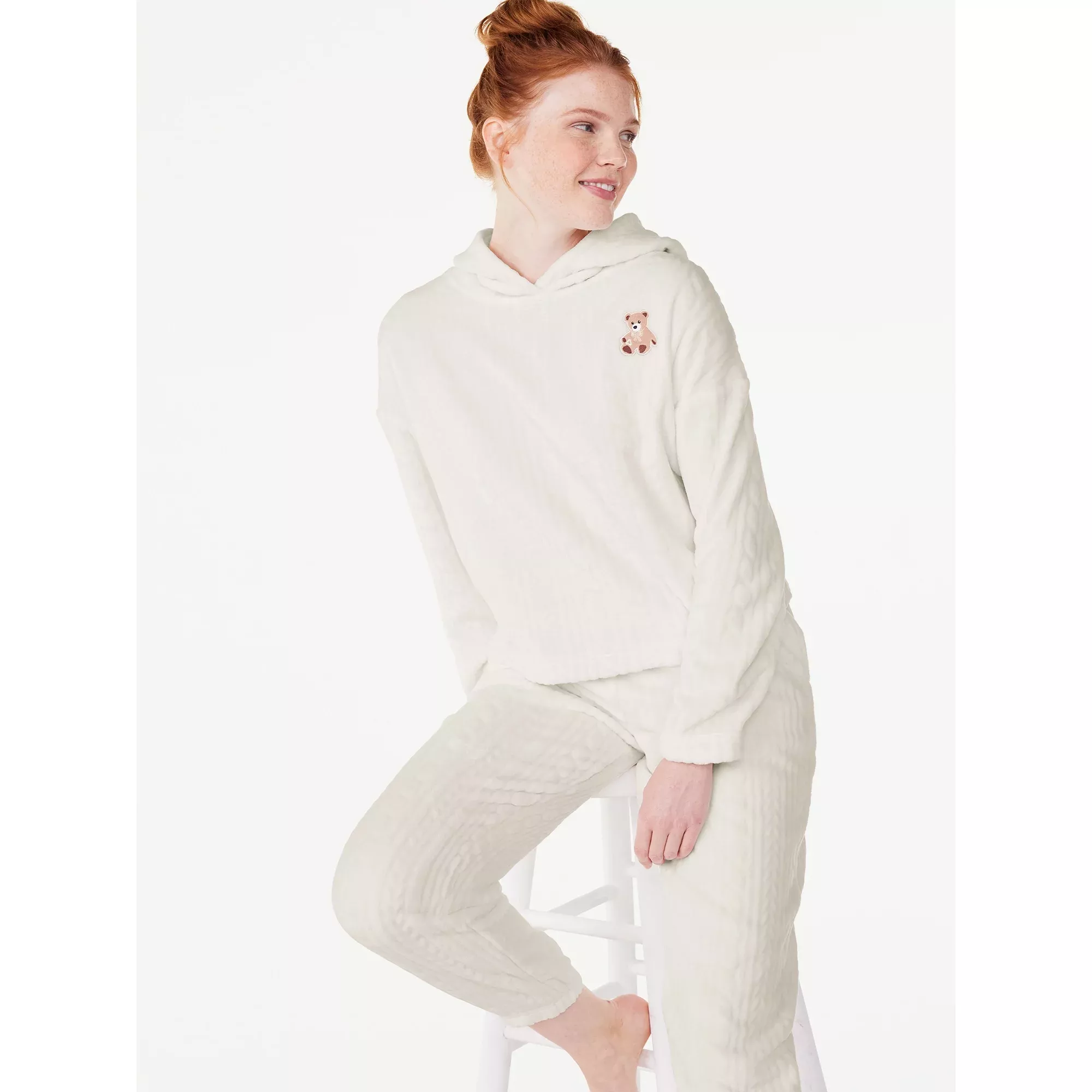 Joyspun Women’s Plush Hooded Top and Pants, 2-Piece Pajama Set, Sizes XS to  3X