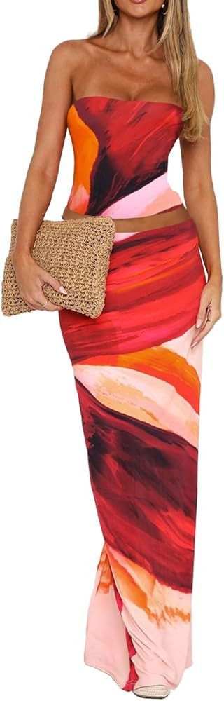 2 Piece Skirt Sets for Women Summer, Floral Sleeveless Tube Top Bodycon Maxi Skirts Y2k Vacation ... | Amazon (US)