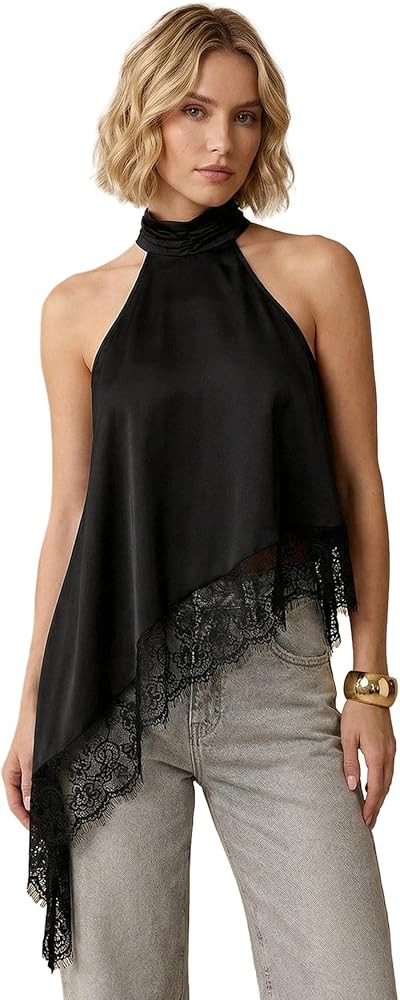 SweatyRocks Women's Lace Patchwork Asymmetrical Halter Top Dressy Sleeveless Flowy Tank Tops | Amazon (US)