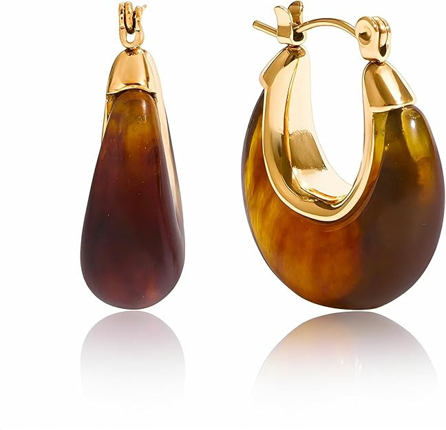 Fullpop Vintage Earrings for Women, Chunky 14K Gold Plated Resin Hoop Earrings Lightweight Hollow... | Amazon (US)