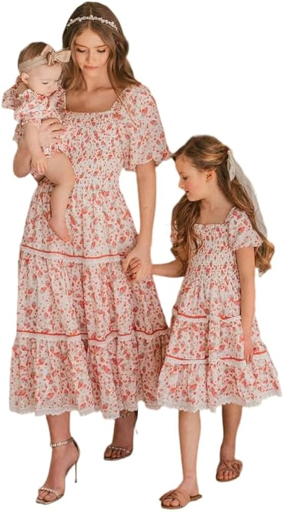 Mommy and Me Dresses Boho Floral Family Matching Outfits Summer Ruffle Maxi Dress Puff Short Sleeve A Line Long Dress | Amazon (US)