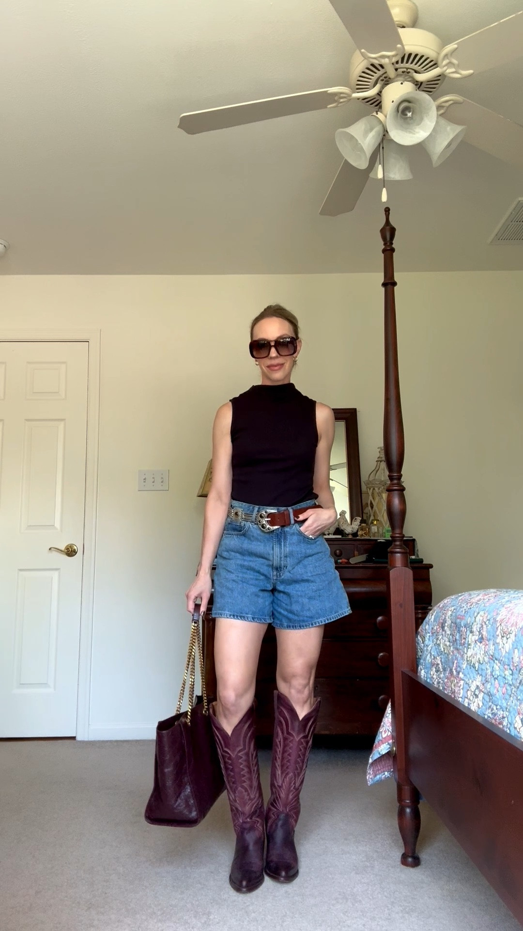 Early fall outfits over 40, mockneck tank, @Zara western belt, denim shorts with boots, @Tecovas burgundy western boots

#LTKSeasonal #LTKOver40 #LTKSaleAlert