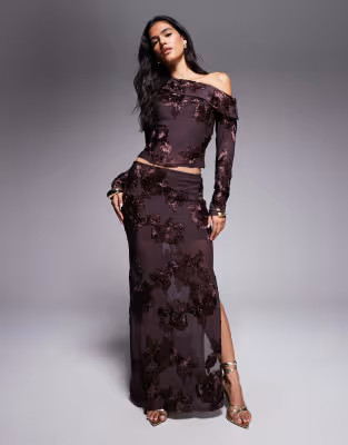 Kaiia exclusive textured floral asymmetric fallen shoulder long sleeve top co-ord in chocolate | ASOS (Global)