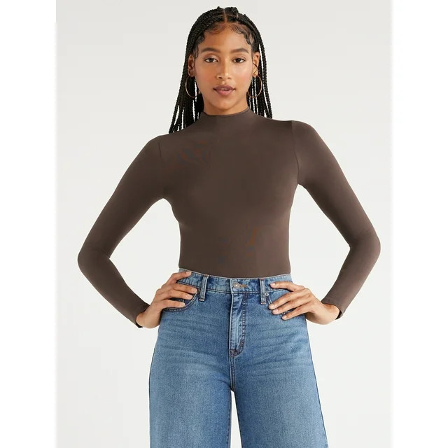 Scoop Women's Seamless Mock Neck Bodysuit with Long Sleeves, Sizes XS-XXL - Walmart.com | Walmart (US)