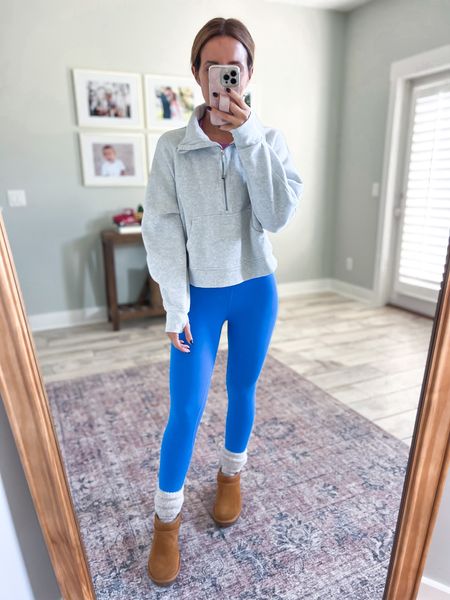 Casual outfit. Fall outfit. Travel outfit. Lululemon scuba funnel neck half zip (XS/S). Gift guide (would make a great gift). . Lululemon align leggings 21” (sz 0). Barefoot dreams socks. Amazon boots (look like Ugg ultra-mini). 

#LTKtravel #LTKshoecrush #LTKHoliday