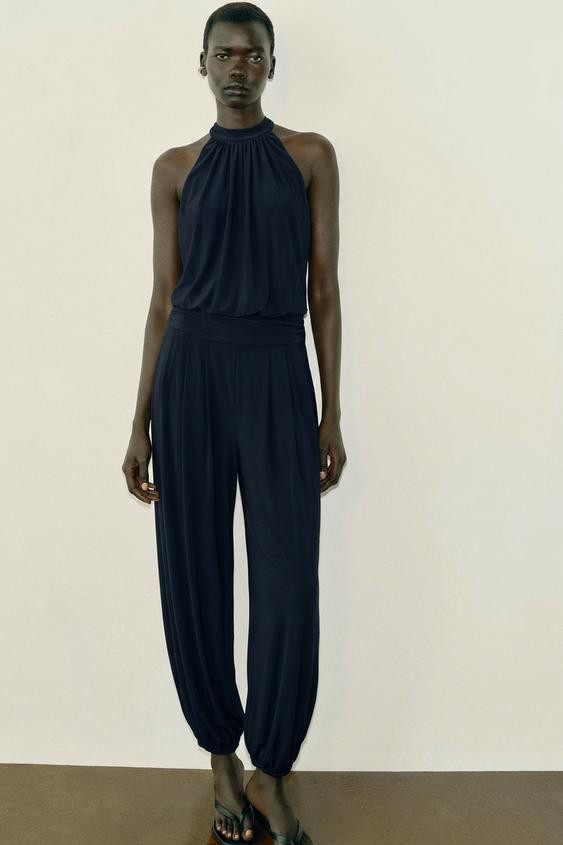 Zara - Draped Halter Sarouel Jumpsuit - Midnight Blue - M - Woman | Zara UK