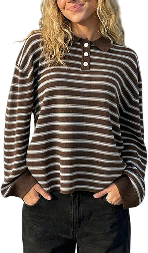 Oversized Striped Sweater for Women Collared Long Sleeve Preppy Polo Sweater Vintage Aesthetic Kn... | Amazon (US)