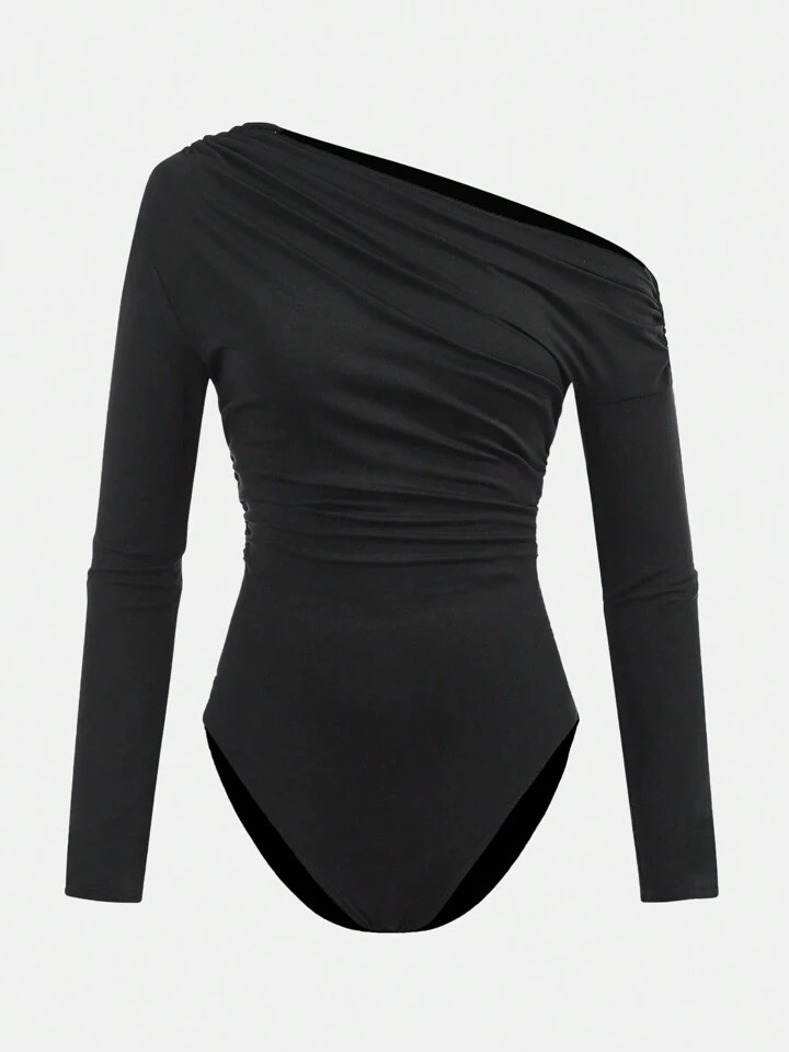 SHEIN Teen Girl Black Solid Color Asymmetrical Neck Long Sleeve Bodysuit, Versatile Casual Style | SHEIN