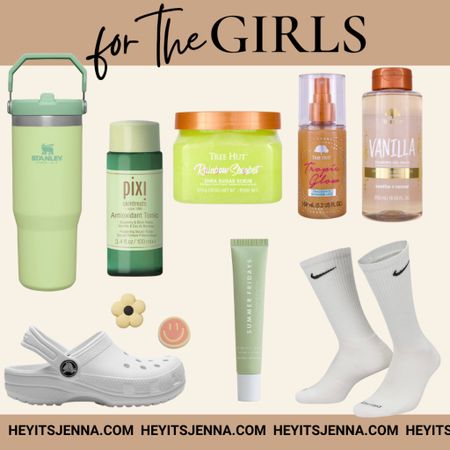 Spring gift ideas and recent purchases for the girls tween girls 
Stanley school water bottle and crocs with new jibitz charms 
New tree hut at target skincare finds for tweens 