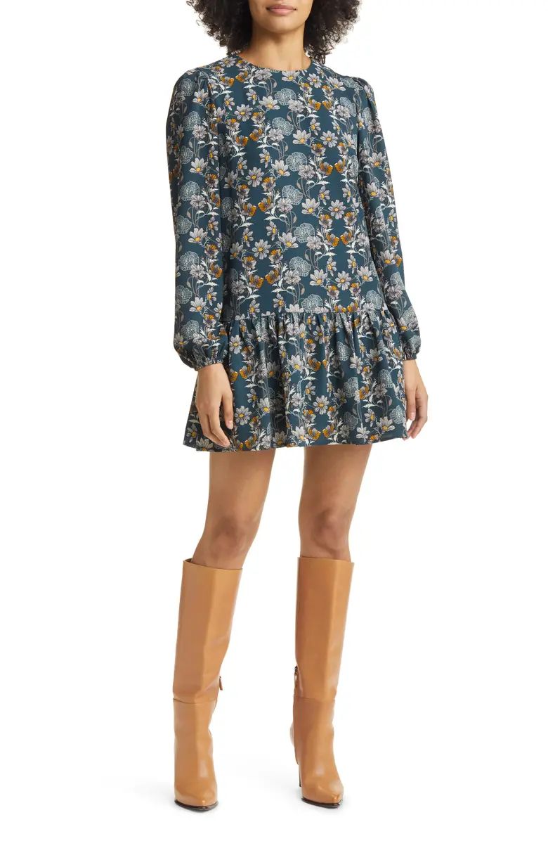 Floral Print Long Sleeve Drop Waist Minidress | Nordstrom