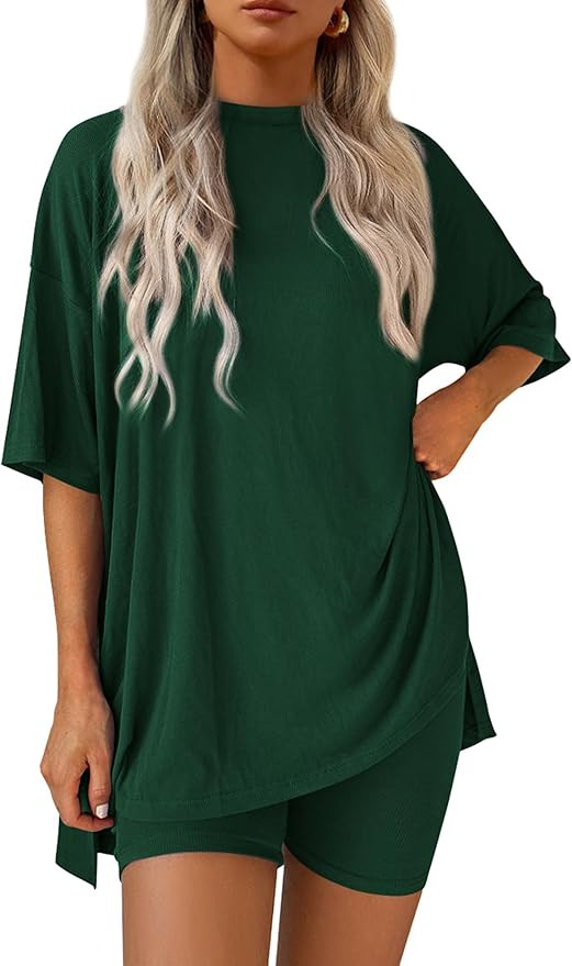 PRETTYGARDEN Women 2 Piece Lounge Set 2026 Summer Casual Oversized Shirts Biker Shorts Matching A... | Amazon (US)