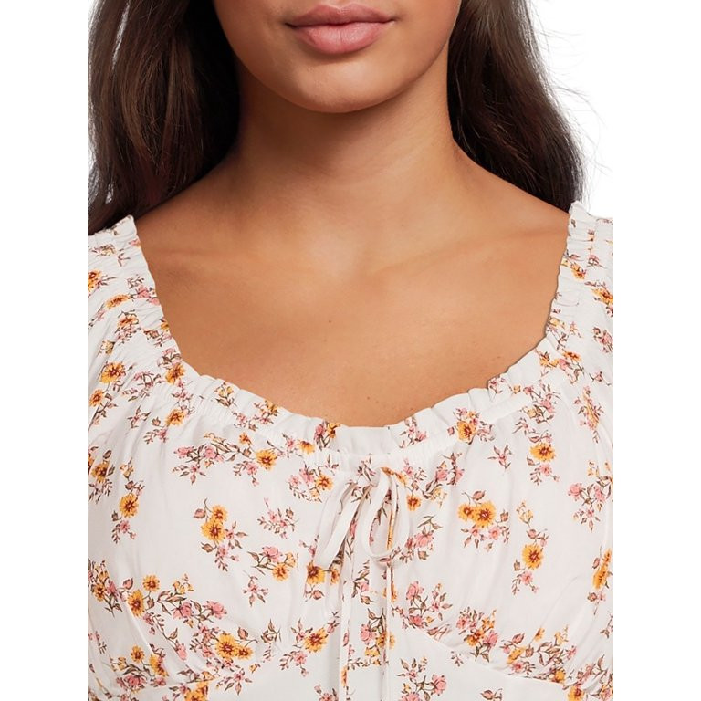 No Boundaries Juniors Print Ruffle Peasant Top with Short Sleeves | Walmart (US)