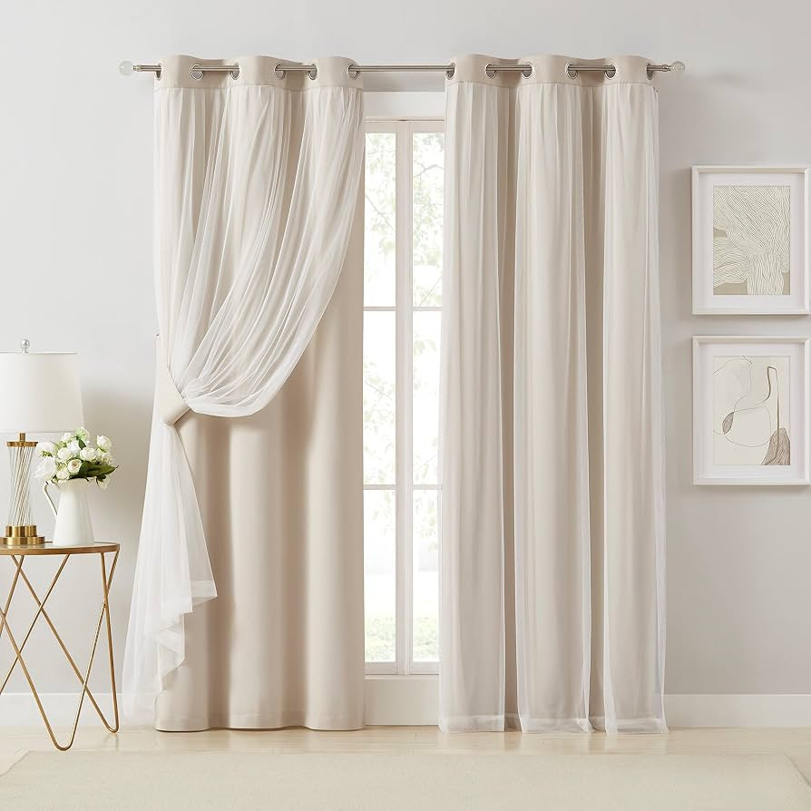 Bujasso Beige 90% Blackout Curtains with Sheer Overlay Mix and Match Double Layer Thermal Insulat... | Amazon (US)