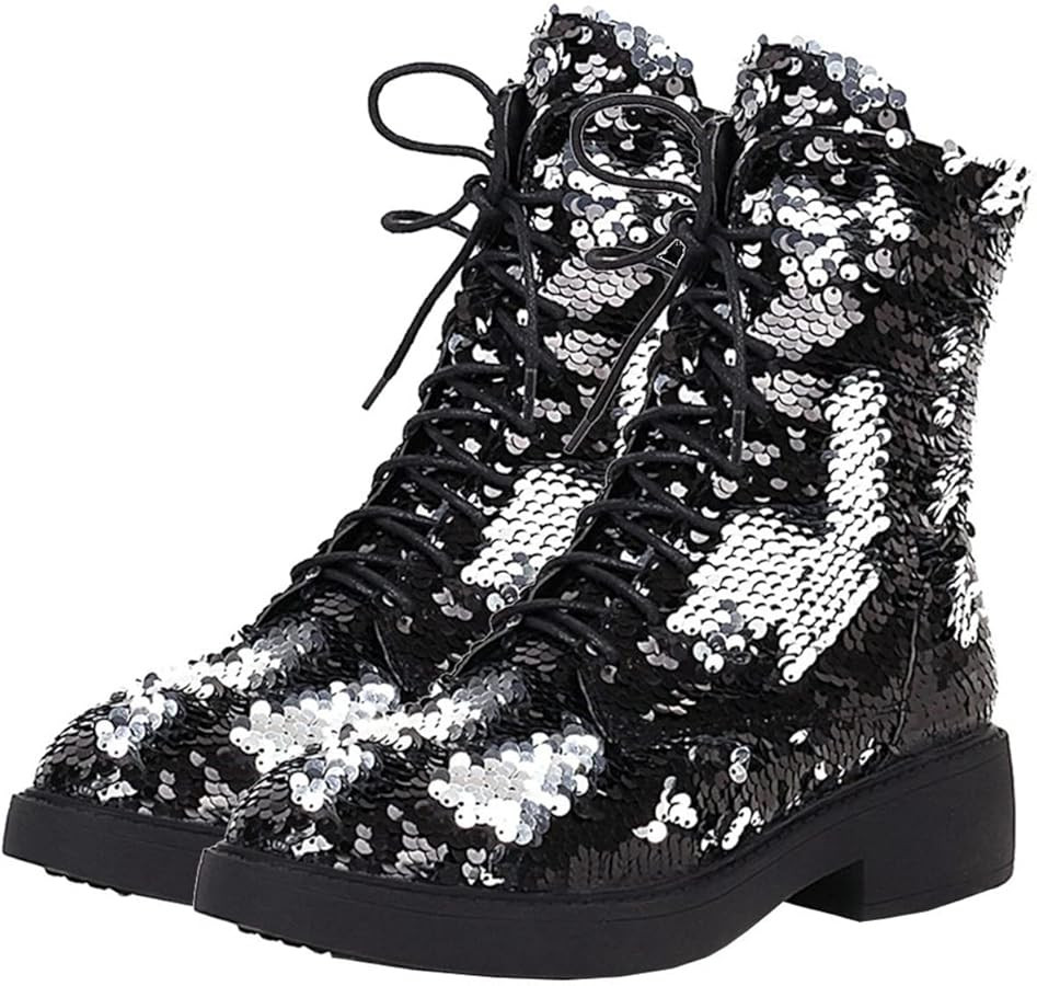 Betastella Women's Lace Up Glitter Combat Ankle Boots Chunky Heel Sequin Booties | Amazon (US)