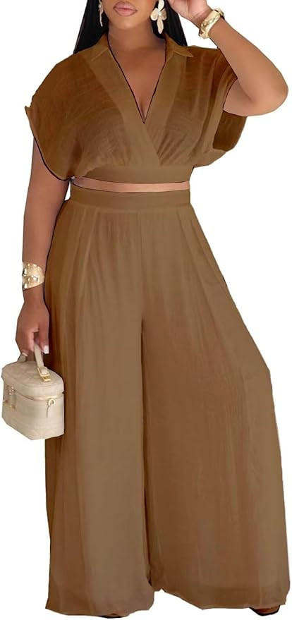 KEYUFANG Women's Summer 2 Piece Outfits Wrap V Neck Crop Top and Wide Leg Pants Sets Casual Vacat... | Amazon (US)