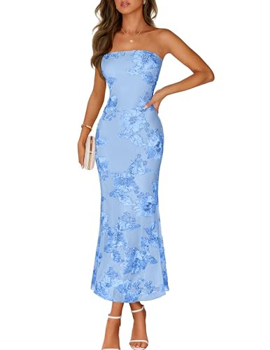 MEROKEETY Women's Floral Strapless Maxi Dress 2026 Summer Mesh Tube Bodycon Formal Wedding Guest Cocktail Party Long Dresses, Blue, Small | Amazon (US)