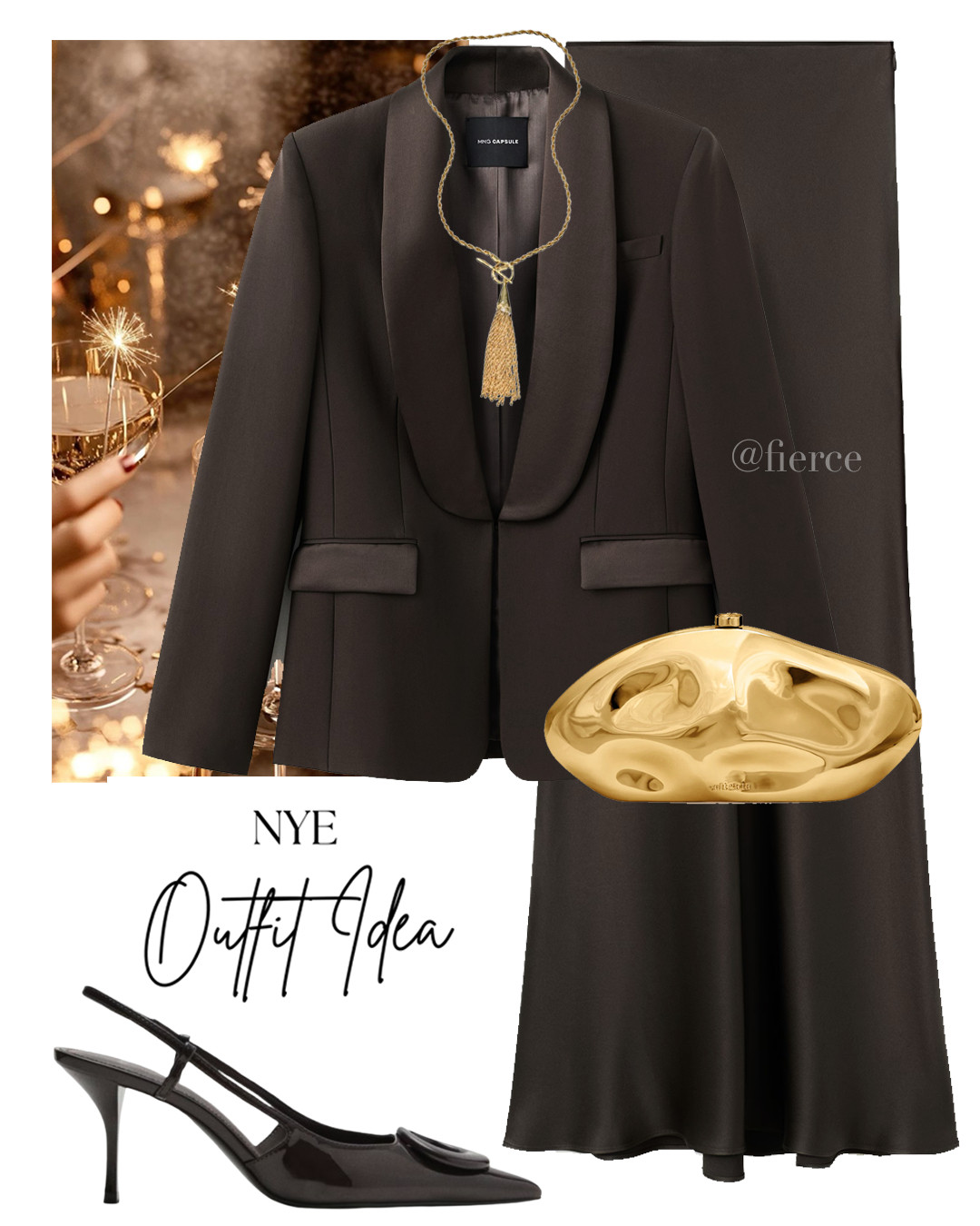 chocolate brown blazer maxi satin skirt chocolate brown heeled sling back shoes gold clutch bag gold tassel necklace nye party outfit partywear 

 #LTKuk #LTKfestive #LTKdatenight