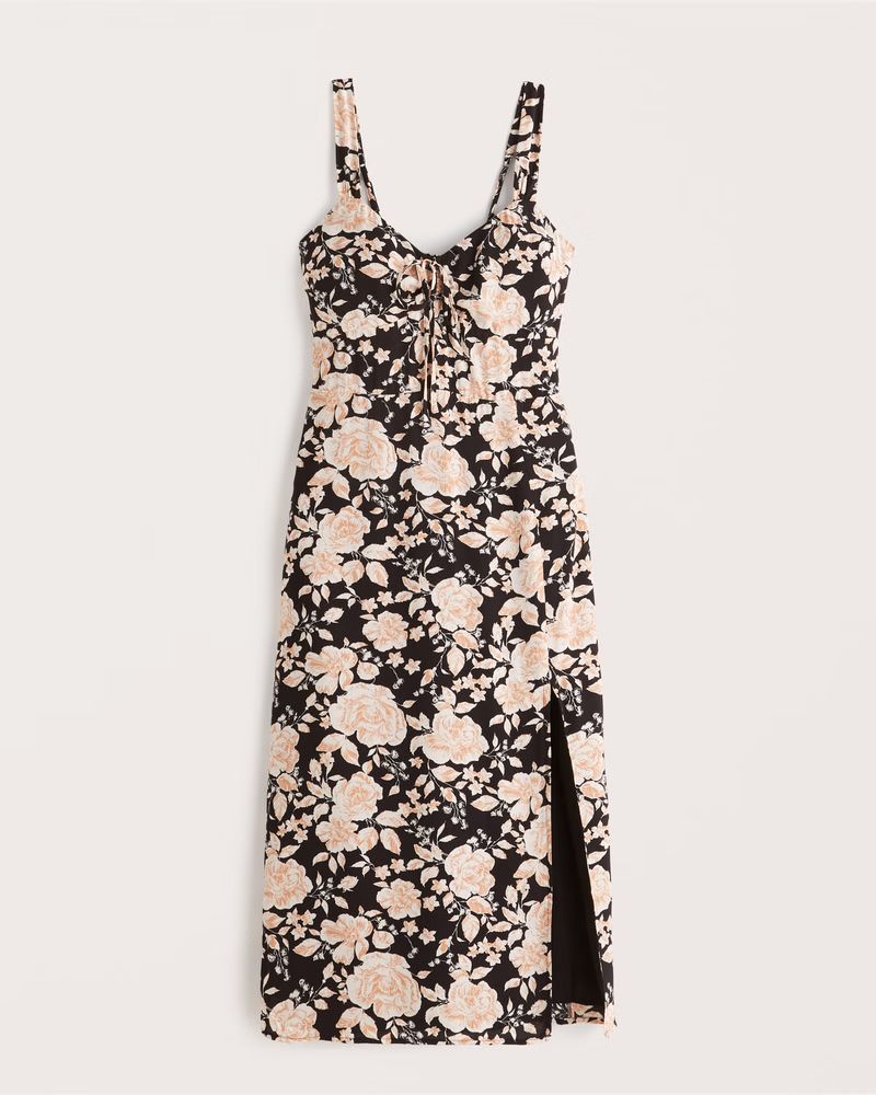 Abercrombie & Fitch Women's Cinch-Front Midi Dress in Black Floral - Size XS PET | Abercrombie & Fitch (US)