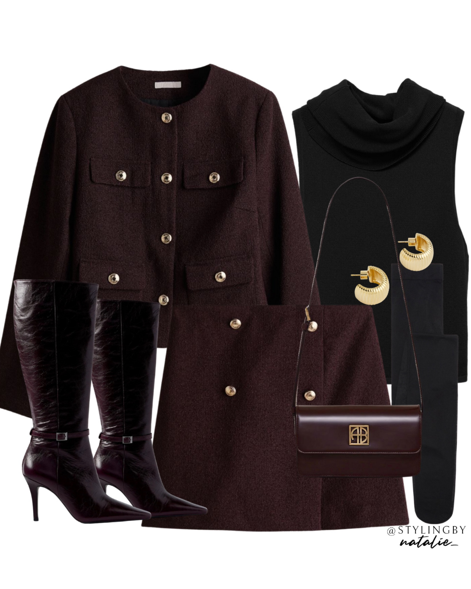 Burgundy suit jacket & mini skirt coord set, burgundy knee high boots, knit sleeveless turtleneck top, Anine bing crossbody bag, black tights and chunky gold earrings.
Autumn outfit, fall outfit, high street, matching set, workwear, casual chic

#LTKautumn #LTKworkwear #LTKstyletip