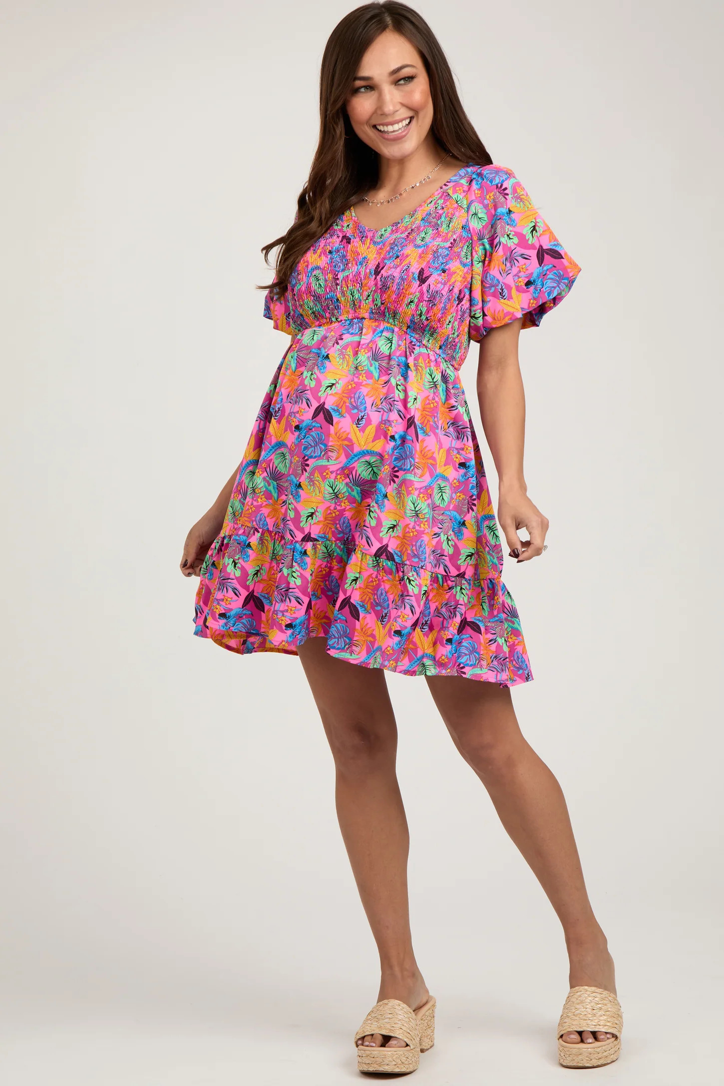 Pink Multi-Color Tropical Print Ruffle Hem Maternity Dress | PinkBlush Maternity