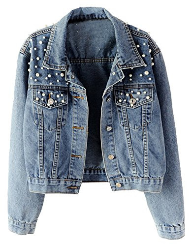 LifeShe Women's Embroidered Pearl Denim Jean Jacket Coat | Amazon (US)