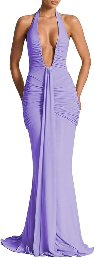 Women's Sexy Deep V-Neck Maxi Dress Sleeveless Halter Ruched Bodycon Formal Cocktail Party Evenin... | Amazon (US)