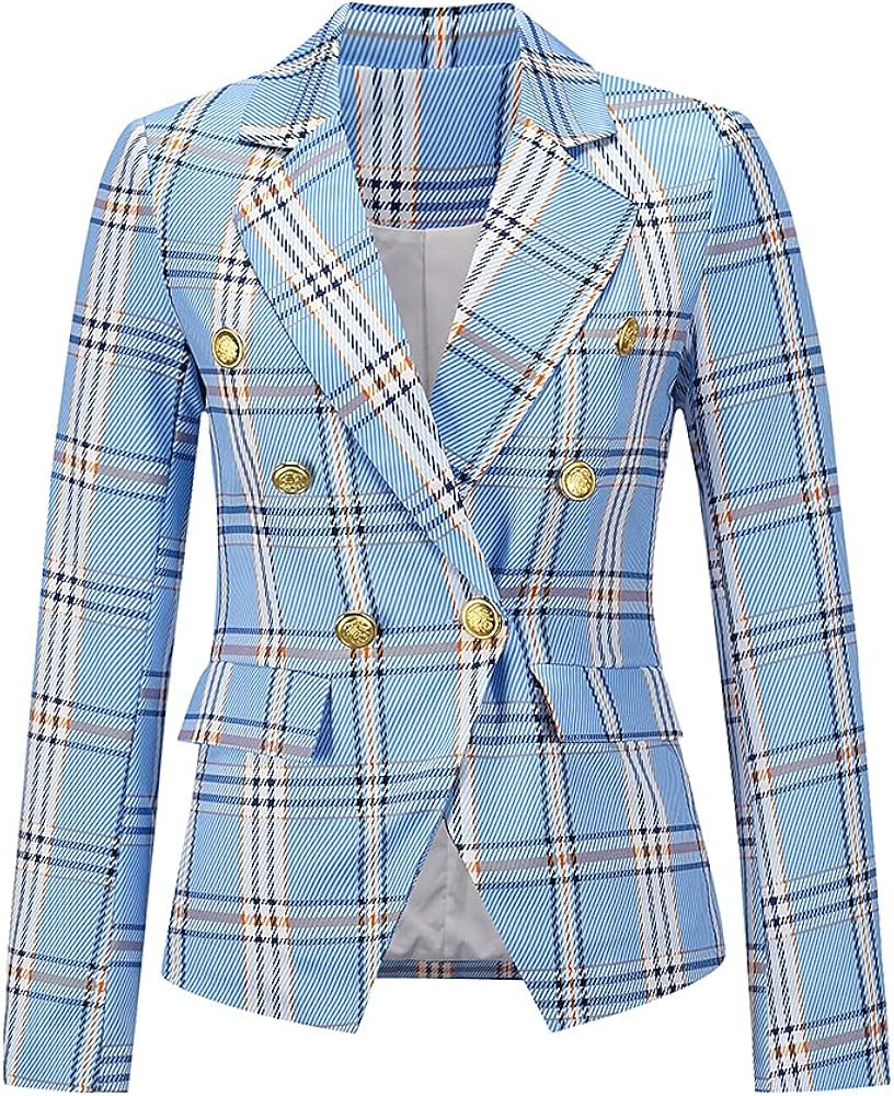 Molilove Women's Blazers Plaid Print Long Sleeve Open Front Business Coat Office Jackets | Amazon (US)