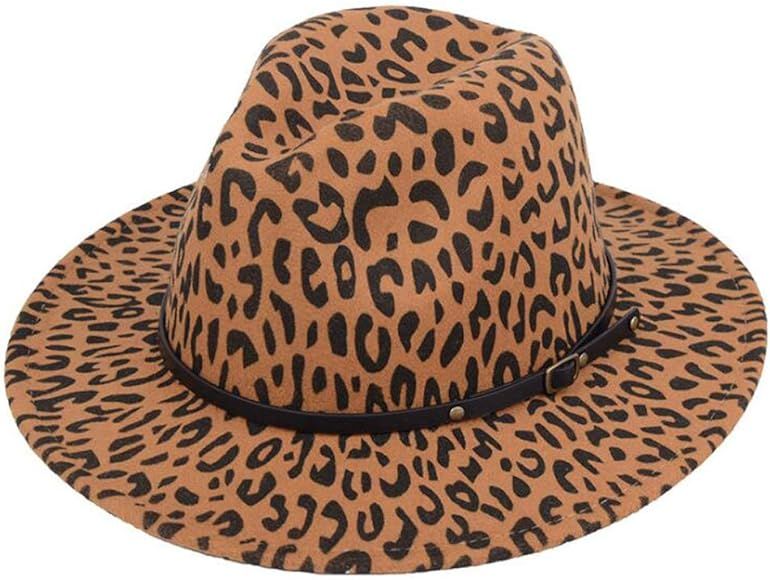 Fashion Leopard Printed Wide Brim Patchwork Wool Felt Classic Jazz Fedora Hat | Amazon (US)