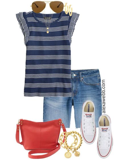 Plus Size Fourth of July Outfits - Shorts - A plus size summer denim shorts outfit for Independence Day with a navy blue white striped top and red crossbody bag by Alexa Webb.

#LTKPlusSize #LTKSeasonal #LTKStyleTip