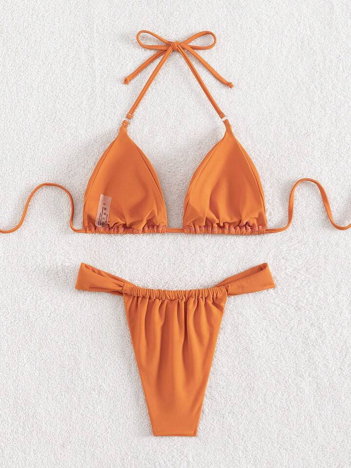 SHEIN Swim Solid Color Ruched Halter Two-Piece Bikini Set, Summer Beach Bathing Suit | SHEIN