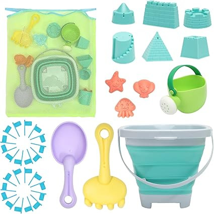 RACPNEL Beach Toys Sand Toys Set for Kids, Collapsible Sand Bucket and Shovels Set with Mesh Bag,... | Amazon (US)