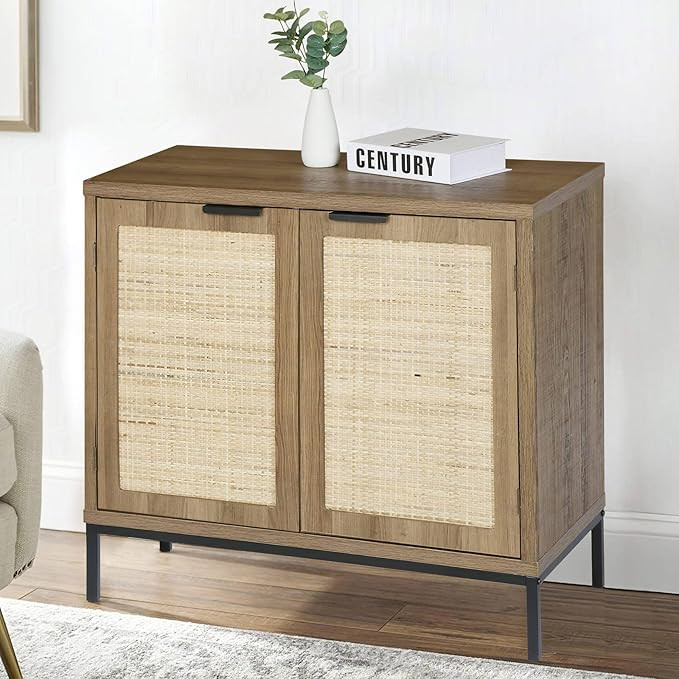 Anmytek Rustic Oak Accent Storage Cabinet with 2 Rattan Doors, Mid Century Natural Wood Sideboard... | Amazon (US)
