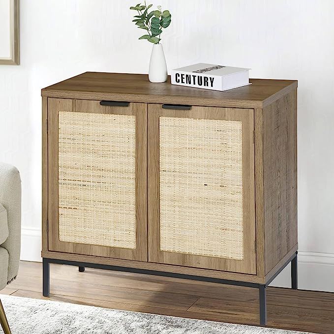 Anmytek Rustic Oak Accent Storage Cabinet with 2 Rattan Doors, Mid Century Natural Wood Sideboard... | Amazon (US)