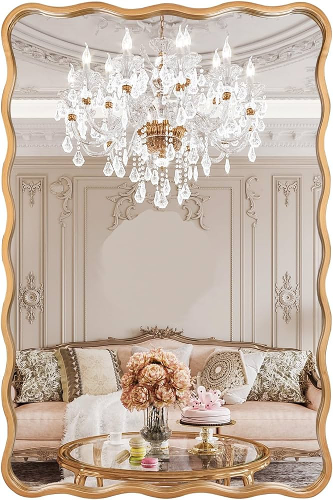 24 * 36 Inch Gold Ripple Rectangle Bathroom Mirror Wall Mounted Large Modern Countryside Suitable... | Amazon (US)