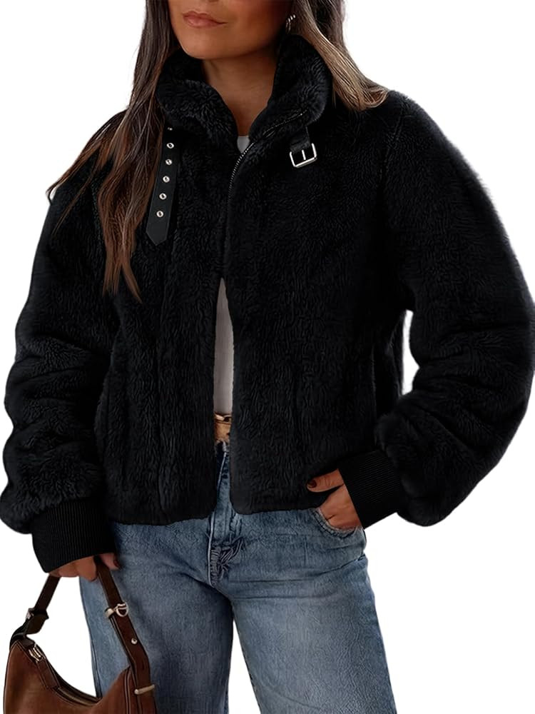 LILLUSORY Winter Coats for Women Fashion Cropped Faux Fur Zip Up Jackets 2025 Shaggy Fluffy Fall ... | Amazon (US)