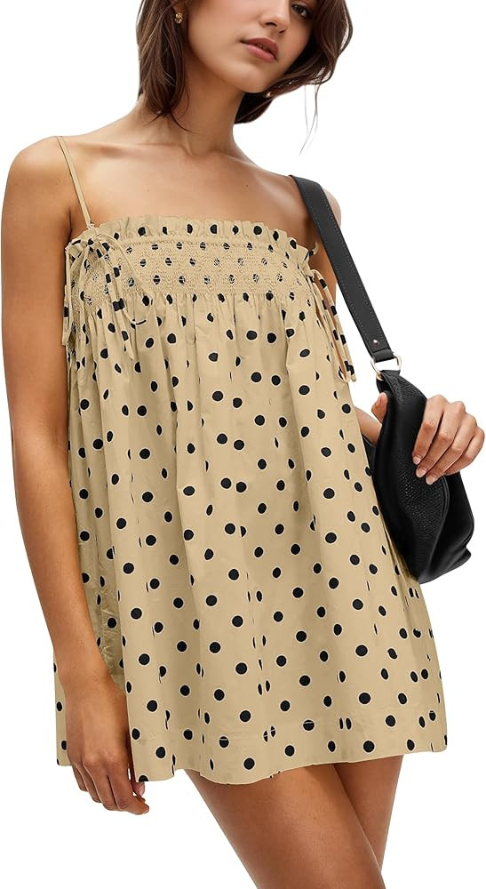Women Polka Dot Sleeveless Square Neck Backless Spaghetti Strap Smocked Flowy Ruched Sexy Mini Ca... | Amazon (US)
