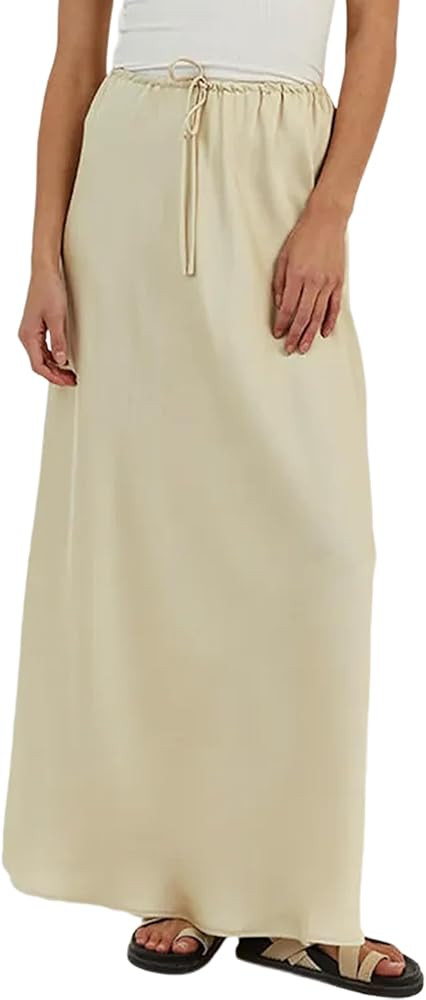 Meladyan Woman Drawstring High Elastic Waist Maxi Long Skirt A Line Flare Solid Slim Fitted Going... | Amazon (US)